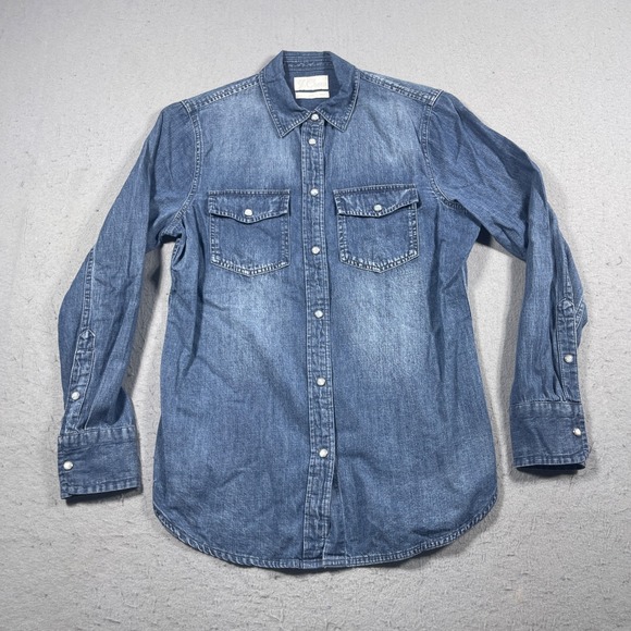 J. Crew Denim Pearl Snap Shirt Womens Size 2 Slim Fit Long Sleeve Western Style - Picture 1 of 9